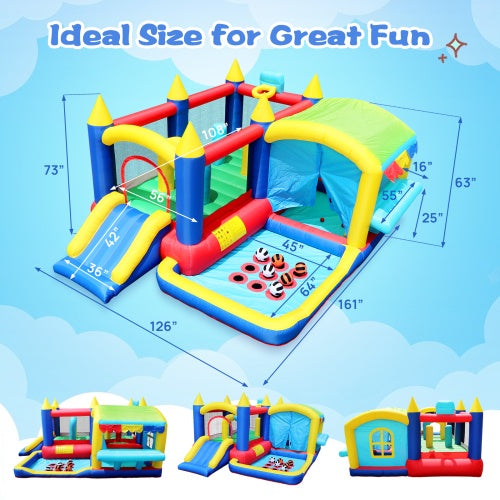 Colorful bounce castle with mesh sides and slide for toddlers and children – designed for soft lawn use only