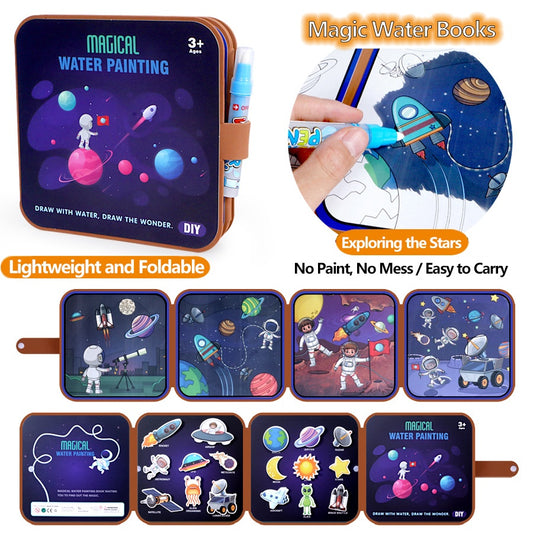 Space-themed water painting book with reusable magic pages and planets revealed using only water – for kids ages 3+