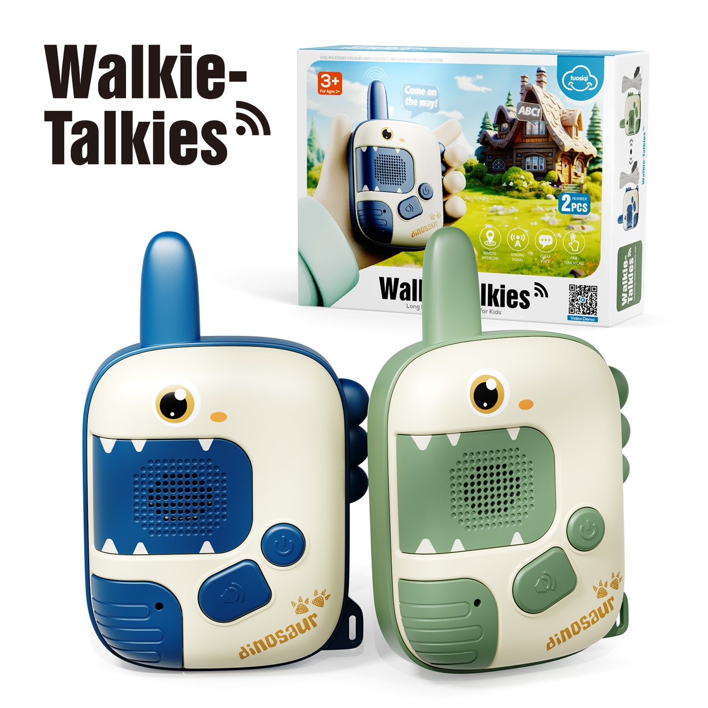 Pair of kid-friendly dinosaur walkie talkies shown on grass, ready for backyard play